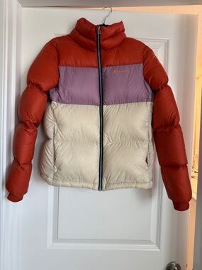 cotopaxi Two-Tone Puffer Jacket in Rust and Cream Trim